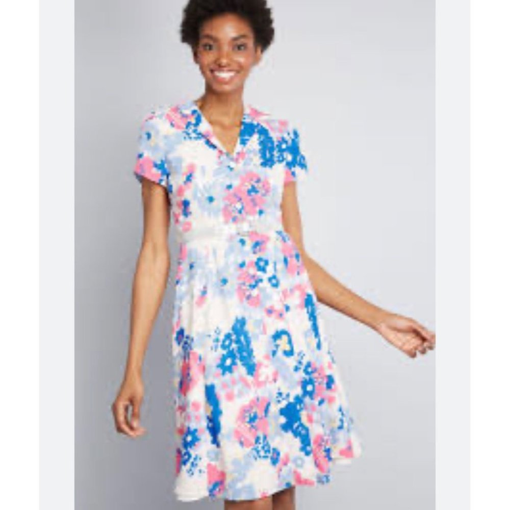 ModCloth Women Multicolor Floral Short Sleeves Button Down Shirt Dress Large NEW